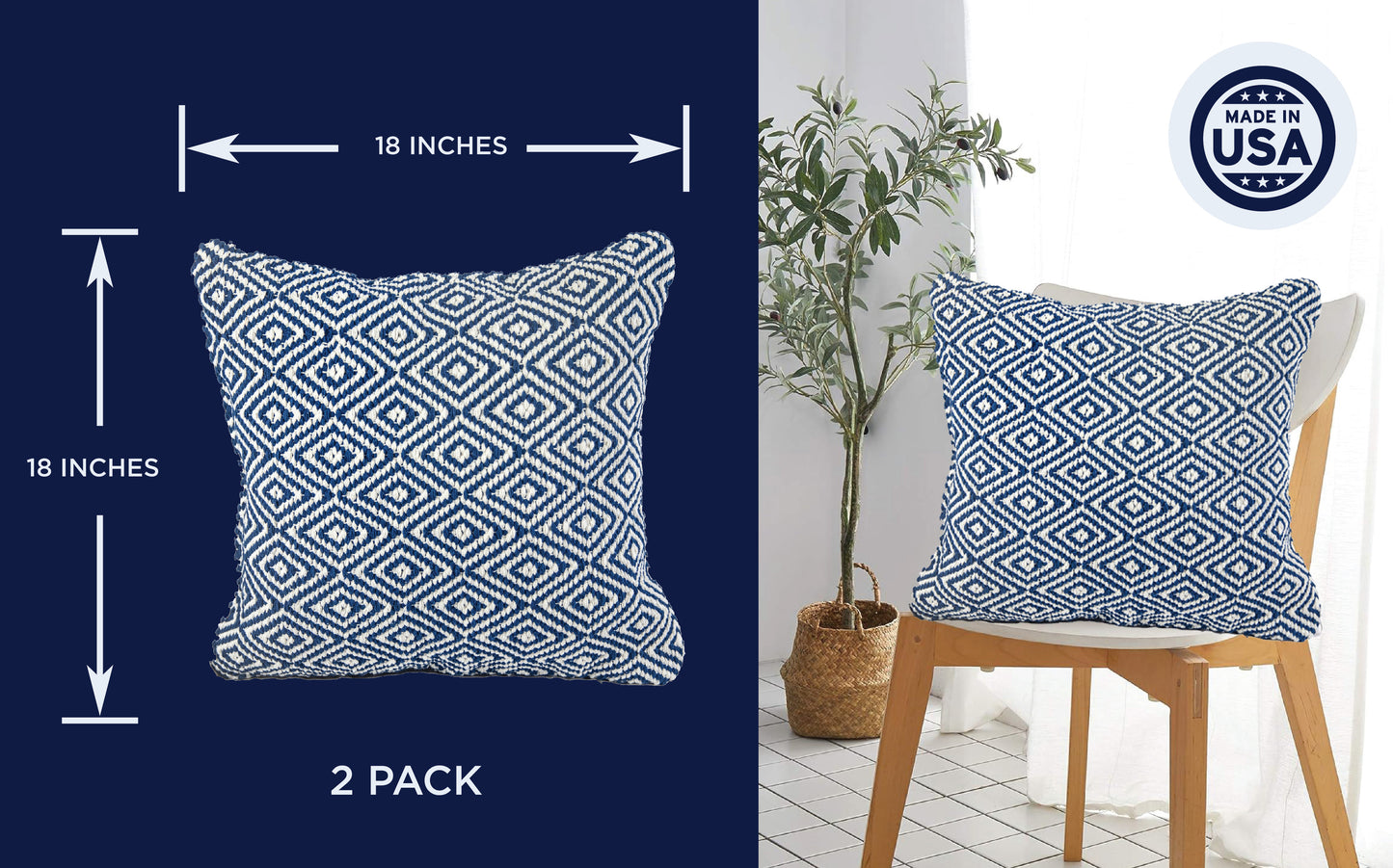 Blue and White Geometric Diamond Textured Decorative Throw Pillow Shell/Stuffed Home Décor 2pk