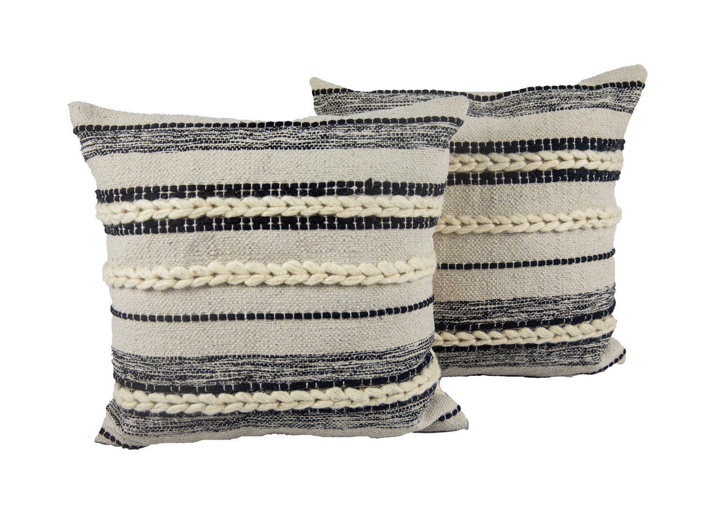 Decorative Throw Pillow Black, Beige Tan Stuffed Rope Stripped Textured Modern Pillow Interior Design-2pk